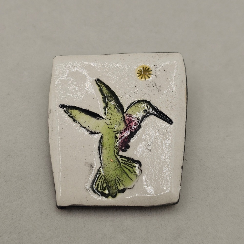 Handmade Ceramic Hummingbird Brooch Pin White Green Art Pottery Nature Bird